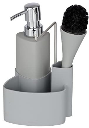 WENKO 3620126100 Spül-Set Empire Grau - Spülmittelspender, Spülbürste, Handtuchhalter, Fassungsvermögen 0.25 L, Soft-Touch Keramik, 11 x 19 x 12.5 cm, grau
