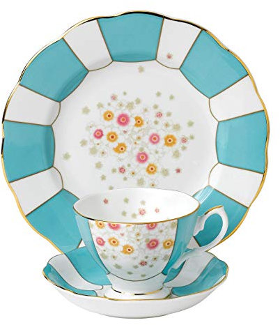 Royal Albert 108 100 Years 1930 Mint Deco-Taza de té, platillo, Plato de 20 cm, Juego de 3 Piezas, Turquesa, Porcelana de Ceniza de Hueso, Decoración de Menta, 3-Piece