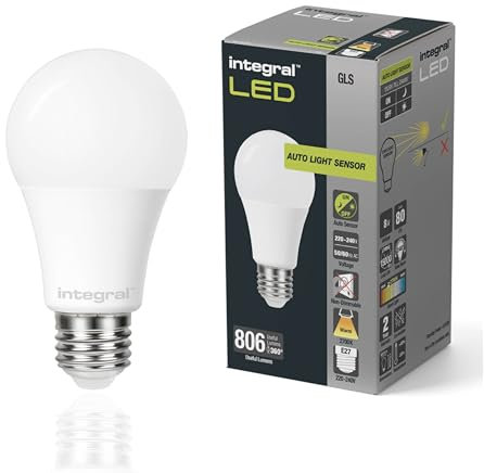 Integral LED Low Energy Dusk Till Dawn Sensor Light Bulb ES E27 Screw Cap =60w Warm White 2700K,8 Watts