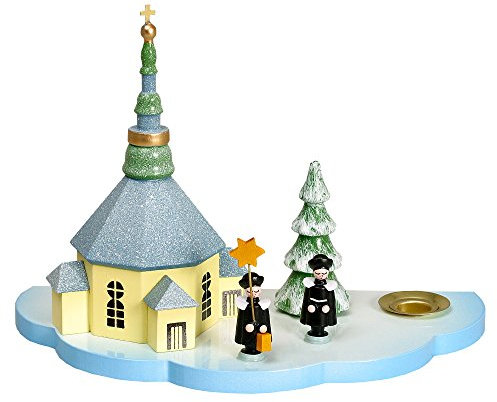 Rudolphs Schatzkiste Kerzenhalter Lichthalter mit Seiffener Kirche und Kurrende bunt Höhe ca 13cm NEU Kerze Kerzenleuchter Leuchter Wachskerze Kirche Holz Weihnachten Seiffen Erzgebirge Deko