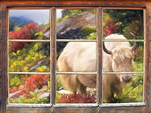 Stil.Zeit Schönes Yak Himalaya Kunst Buntstift Effekt Fenster im 3D-Look, Wand- oder Türaufkleber Format: 62x42cm, Wandsticker, Wandtattoo, Wanddekoration