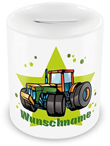 Samunshi® Kinder Spardose mit Namen und Traktor als Motiv für Kinder - Jungen und Mädchen Sparschwein 330ml weiß
