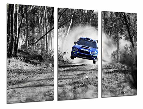 Cuadros Cámara Fotoposter Auto Rennen Subaru Blau Landschaft Wald, Weiß Schwarz Gesamtgröße: 97 x 62 cm XXL