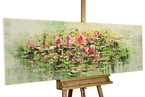 KunstLoft Leinwandbild | 100% HANDGEMALT | 150x50cm | Gemälde 'Water Lily Wishes' | Blüten | Rot Grün | Wandbild Wohnzimmer