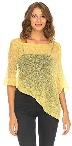 SHU-SHI - Damen Poncho-Top - transparent - leichtes Strickmaterial - Einheitsgröße - Sanftes Gelb