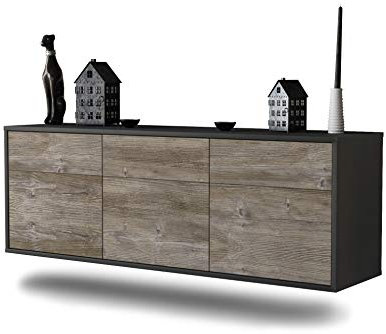 Dekati Lowboard Virginia Beach hängend (136x47x35cm) Korpus anthrazit matt - Front Holz-Design Treibholz - Push to Open - hochwertige Leichtlaufschienen