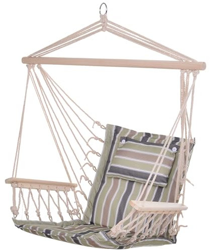 Outsunny Garden Outdoor Hanging Hammock Chair Thick Rope Frame Wooden Arms Safe Wide Seat Garden Outdoor Spot Stylish Multicoloured stripes