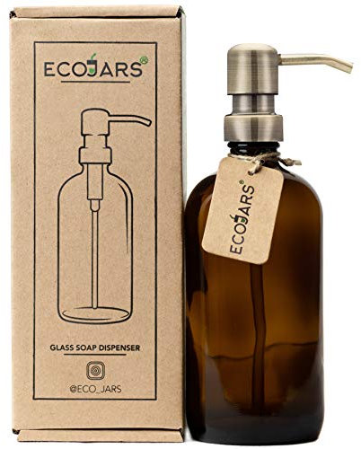 Antique Brass Soap Dispenser Stainless Steel, with Amber Glass Jar, BPA Free, Eco Friendly, 500ml, Housewarming Gift Box