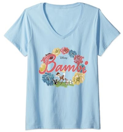 Womens Disney Bambi Floral Ring Logo V-Neck T-Shirt