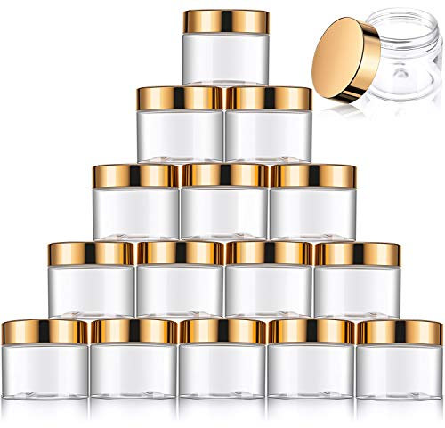 Patelai 16 Pack 60 ml 2 oz Clear Plastic Round Jars with Gold Lids Travel Storage Container Jars for Cosmetic Body Personal Care Face Cream Lotion DIY Crafts Beads Kitchen Use Beauty Products and More