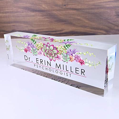 Artblox Office Desk Name Plate Personalized | Custom Name Plates for Desks | Succulents Design On Clear Acrylic Glass | Office Desk Decor - (8 x 2.5)