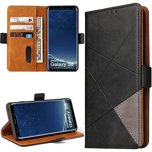 BININIBI Handyhülle für Samsung Galalxy S8 Hülle, Galaxy S8 Lederhülle Handytasche, Klapphülle Tasche Leder Klappbar für Samsung S8， Schwarz