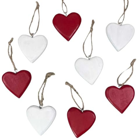 Marzoon Lackierte Holz Herz Anhänger mit Juteband ca. 4,5 x 5 cm - Massiv Holzherzen - Deko für Geschenke - Mini-Deko - Mitbringsel (8er Set Rot & Weiß)