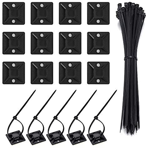 Cable Ties Adhesive Mounts, 100 Pcs Self Adhesive Cable Zip Ties & 100 Pcs Wire Tie Mount Base Holders, Sticky Pads Organizer with Self Locking Nylon Tie Wraps for DIY Home Office Workshop