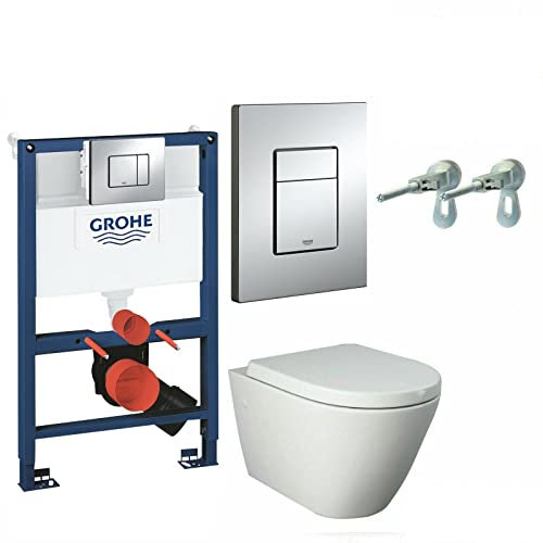 Anas Grohe 0.82m Concealed Cistern Wc Frame 38773000 with RAK Resort Wall Hung Toilet Pan and Soft Close Seat