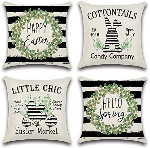 Ohok 4er Set Frühling Ostern Blätter Dekorativ Kissenbezug 45x45 cm, Polyester Leinen Zierkissenbezüge mit Verstecktem Reißverschluss, Dekor Kissenhülle Set für Schlafzimmer Wohnzimmer Sofa Couch Auto