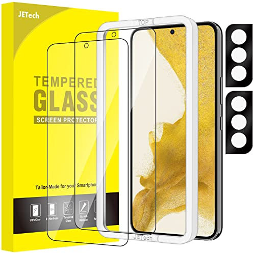 JETech Protector de Pantalla para Samsung Galaxy S22 5G y Protector de Lente Cámara, Marco de Instalación, Cristal Vidrio Templado, Compatible Huellas Dactilares ID, 2 Paquetes Cada Uno