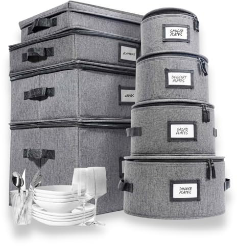 HOMELUX THEORY 8pcs Hard Shell China Storage Containers, Mug Storage, Wine Glass, Utensils, & Plate Storage Containers with Lid, Heavy Duty Dinnerware Storage for Packing Plates, Glassware & Cutlery