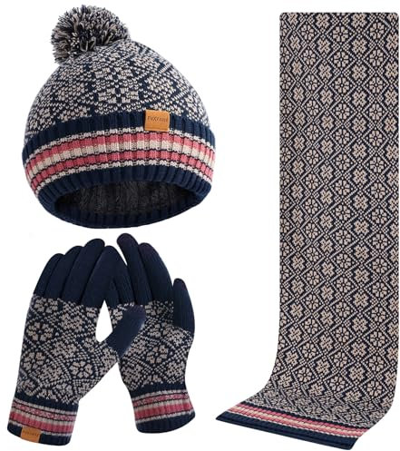FVXYnnv Winter Beanie Mütze Schal Handschuhe Kombi Set - Fleece Innenfutter Knitted Hat, Warme Touchscreen Gloves, Weiche Lange Scarf für Damen Herren (Marine)