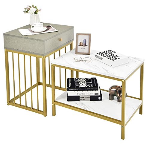 GIANTEX 2er Set Beistelltisch Marmoroptik, Couchtisch Sofatisch mit Schubladen, Wohnzimmertisch verschachtelbar verschiedene Größen, Kaffeetisch Satztisch modern Design, Nachttisch goldem Metallrahmen