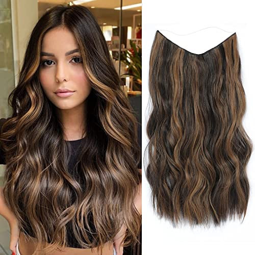 Ms Taj Invisible Secret Wire Extensions 50cm,Braune Haarverlängerung lange mit Einstellbarer Größe,Clip in Extensions Synthetische lockiges Haarteile für Frauen