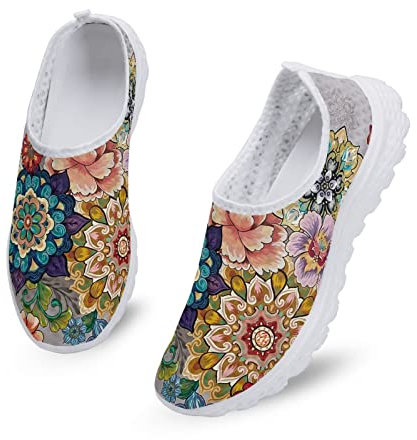 Kuiaobaty Frauen Slip-on Turnschuhe Mesh Flache Schuhe Sport Turnschuhe Frauen Laufschuhe Workout Schuhe Atmungsaktiv, Buntes Boho-Blumenmuster, 42 EU