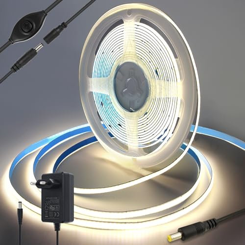 Yamlten 12V COB Led Streifen 4000k Middium Weiß mit Schalter,320 LEDs/M Dimmbar LED Strip für TV Hintergrundbeleuchtung,Computer,Schrank,Schlafzimmer DIY LED Band 1m.(Stromversorgung schließt aus)