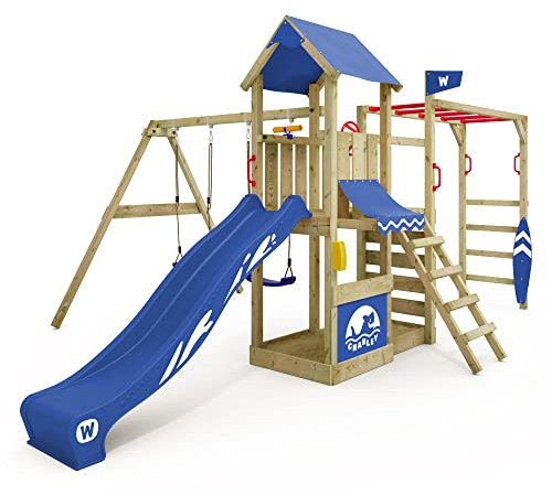 WICKEY Tour de Jeux Smart Baboon avec balançoire & Toboggan Bleu, Tour d'escalade pour Enfants avec bac à Sable, échelle & Accessoires de Jeu pour Le Jardin