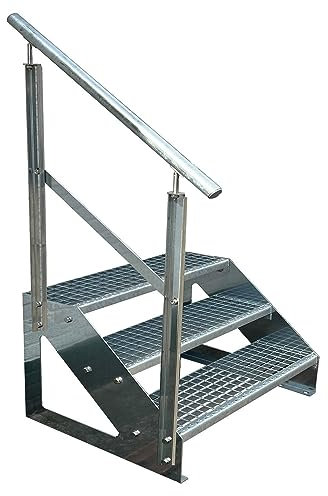 Kaminbau Mierzwa Premium Treppe Freistehend 3 Stufen Geländer Links (Breite 1400 mm) (Höhe 57cm) Wetterfest Gitterroststufe Gartentreppe