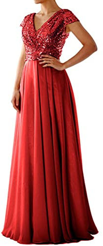 Onsoyours Damen Maxikleid Brautjungfer Neckholder Pailletten Verziert Abschlussball Hochzeit Dleider Bridesmaid Dress N Rot 48