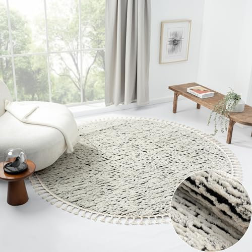 MY-RUG Teppich Leah rund schwarz-weiß 140 x 140 cm 3D Teppich Wohnzimmer im Boho-Stil Cut-&Loop, Moderne Fransen-Teppiche Schlafzimmer Hochflor, Esszimmerteppich Abstrakt