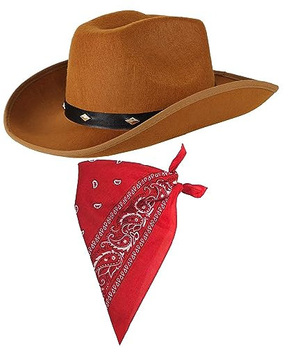 COLOFALLA Cowboy Hut mit Halstuch Cowgirl Kostümzubehör Partyhut Partyhalstuch Accessoires Cowboyhut für Karneval Fasching JGA Urlaub Herren Damen (braun)
