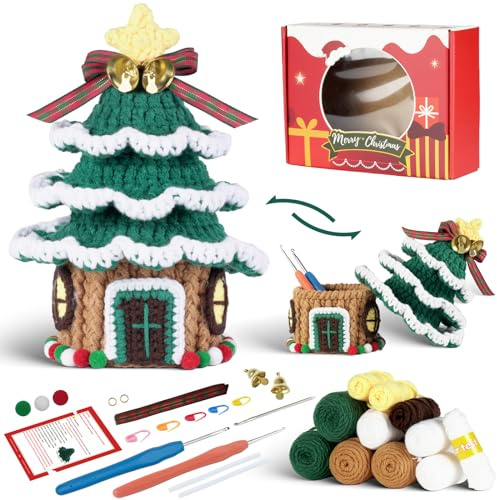 Fadcaer Kit per uncinetto natalizio per principianti, albero di Natale all'uncinetto, set per principianti con uncinetti, aghi, regalo creativo divertente per adulti e bambini