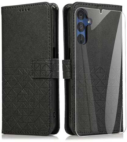 MOONESS Cover per Samsung Galaxy A15 4G / 5G (6,5 Pollici) con Vetro temperato,Custodia a Libro in Pelle Flip Portafoglio Case per Samsung Galaxy A15 4G / 5G - Nero