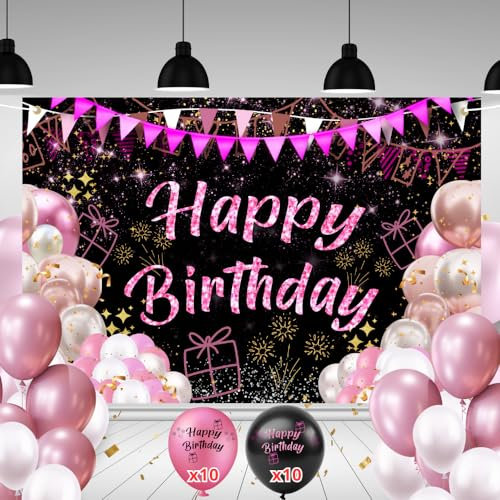 Striscione Buon Compleanno + 20 Palloncini Compleanno | 110x180cm, Include Fori e Corda da 6 Metri | Sfondo Fotografico Compleanno | Banner Buon Compleanno | Sfondo compleanno (Rosa)