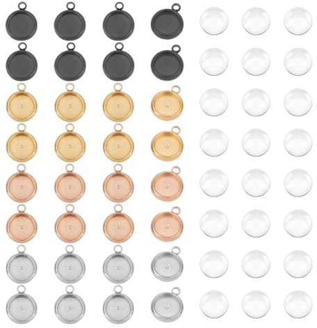 UNICRAFTALE 32 Sets 4 Farben Edelstahl Anhänger Cabochon Sets Tablett 8 mm Flache Runde Leere Lünette Anhänger Mit Glas Cabochons Basis Anhänger Cabochon Kits Für DIY Halsketten Schmuckherstellung