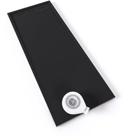 Moments of Glass Plato de ducha SMC Hiemal 180x70 cm, Negro RAL 7021 – Antiderrapante, Textura Pizarra, Antibacteriano, Resistente a agentes químicos – Incluye válvula y rejilla