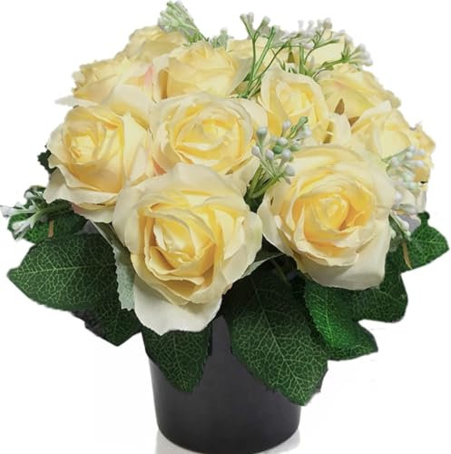 Etomvoop Lot de 12 roses artificielles en pot pour tombe - Pour funérailles, cimetière, décoration de Noël (champagne)