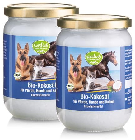 Sanct Bernhard tierlieb Bio-Natives Kokosöl für Pferde, Hunde & Katzen | Hoher Gehalt an Laurinsäure | Barf | Aus rein mechanischer Pressung | 2 Gläser je 500 ml
