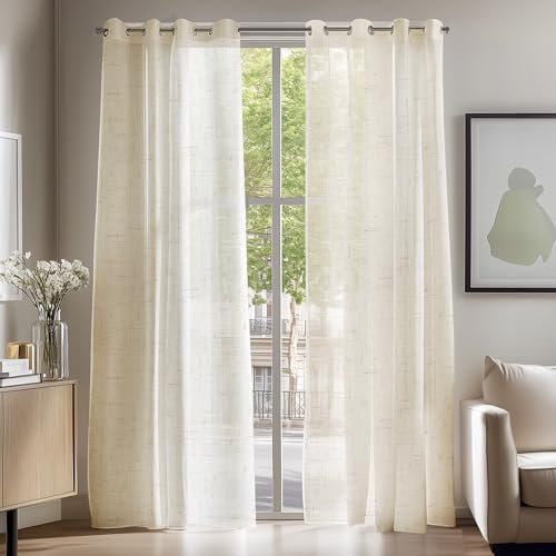 Deconovo Voile Gardinen mit Ösen Gardinenschal Halbtransparent Vorhänge Leinenoptik Dekoschal Vorhang für Schlafzimmer Luftig Lichtdurchlässig, 225x140cm(HöhexBreite), Hellbeige, 2er Set