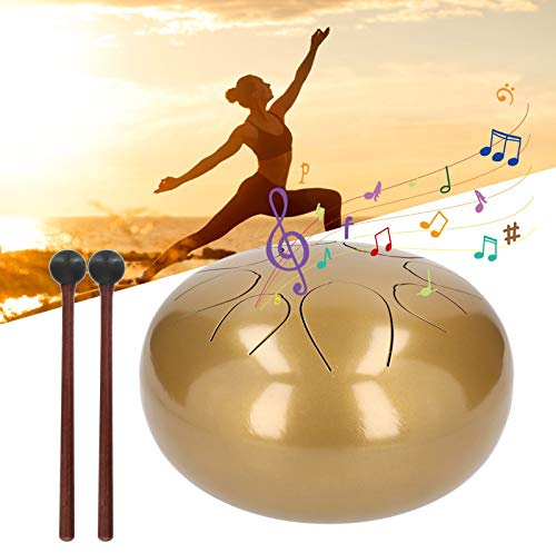 Steel Tongue Drum, 10 Zoll Stahlzungen 8 Töne Zungentrommel Handpan Schlaginstrument mit Trommelstöcken, Trommeltasche, Trommelstockständer, Aufkleber (Gold)