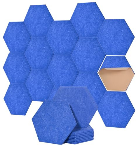Hexagon Akustikplatten selbstklebend - Schallabsorber für Wand & Decke - 30x26x0.9cm, 12er Pack, Perfekt für Wohnräume, KTVs, Musikzimmer & Büros. (Blau)