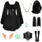 IEEILULU Mittelalter Kleidung Damen, Gothic Kleid Damen mit Kapuze, Halloween Mittelalter Kleid Damen mit Elfenohren, Korsett, Mittelalter Kostüm Damen für Karneval Halloween (Schwarz, S)