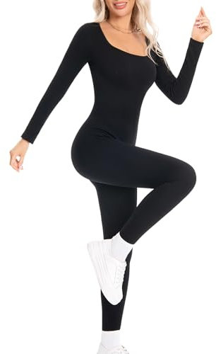 Upushall Einteiliger Workout-Overall für Damen, langärmelig, figurbetont, Yoga, gerippter Strampler, Schwarz 1, Medium