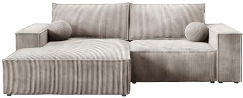 BROMARKT - Sofa mit Schlaffunktion - Schlafsofa Pablo Mini - Ecksofa L-Form Sofa - Modern Design Couch - Kordstoff - Freistehend - mit Bettzeugbehälter - 255x148x85cm - Beige