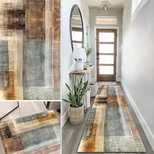 Lanmuvo Teppich Läufer 100x350cm rutschfest Küchen Teppich, Waschbar Teppichläufer Flurteppich Flur Küchenläufer für Korridor, Modern Vintage Teppichläufer für Wohnzimmer, Küche, Anpassbar