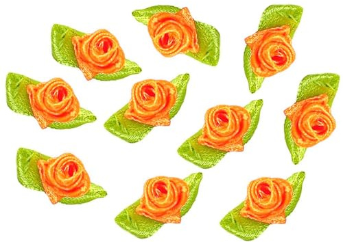 Blausky 100 Stück Künstliche Blumen Rosen Köpfe Satinrosen,Schleifen Rosen mit Blatt,Mini-Stoffrosen Satinröschen Aufnäher,Deko-Rosen Patches zum Basteln Annähen Haarschmuck 3.2x1.8cm,Orange