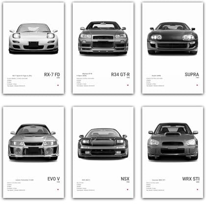 NebulaNova JDM Auto Poster Japanische Sportwagen Leinwanddrucke Klassisches Schwarz Weißes Wandkunst für Jungen Zuhause Schlafzimmer Büro Wohnheim Zimmerdekoration (6 Stück 20 x 30 cm Ungerahmt)