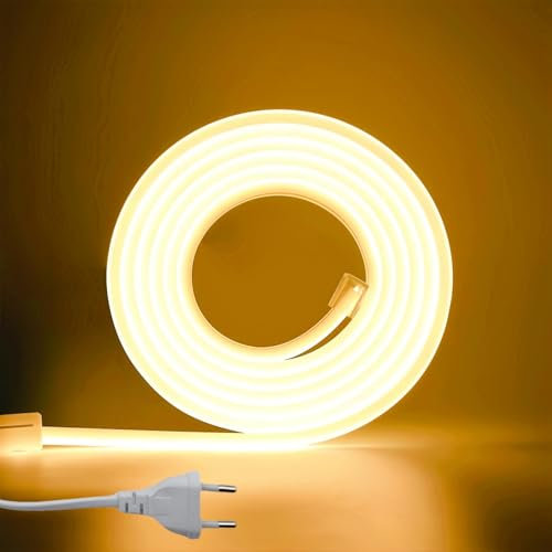 ANSIEN® Tiras LED 220v de Neón (Blanco Cálido,8M),Cada Corte de 10cm,12w/m COB Luz de Cuerda Alto Brillo,Ip65 Impermeable con Enchufe de Rectificador y Pegatina,NEÓN LED para Hogar,Bar,Restaurantes
