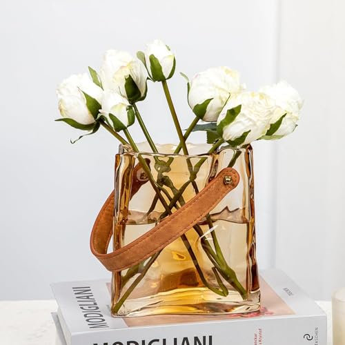 6.7in Handbag Flower Vase with Leather Handle,Glass Purse Amber Vase,Decorative Fish Bowl Handbag for Home Centerpieces Desktops Bookshelf Bedroom Living Room Decor